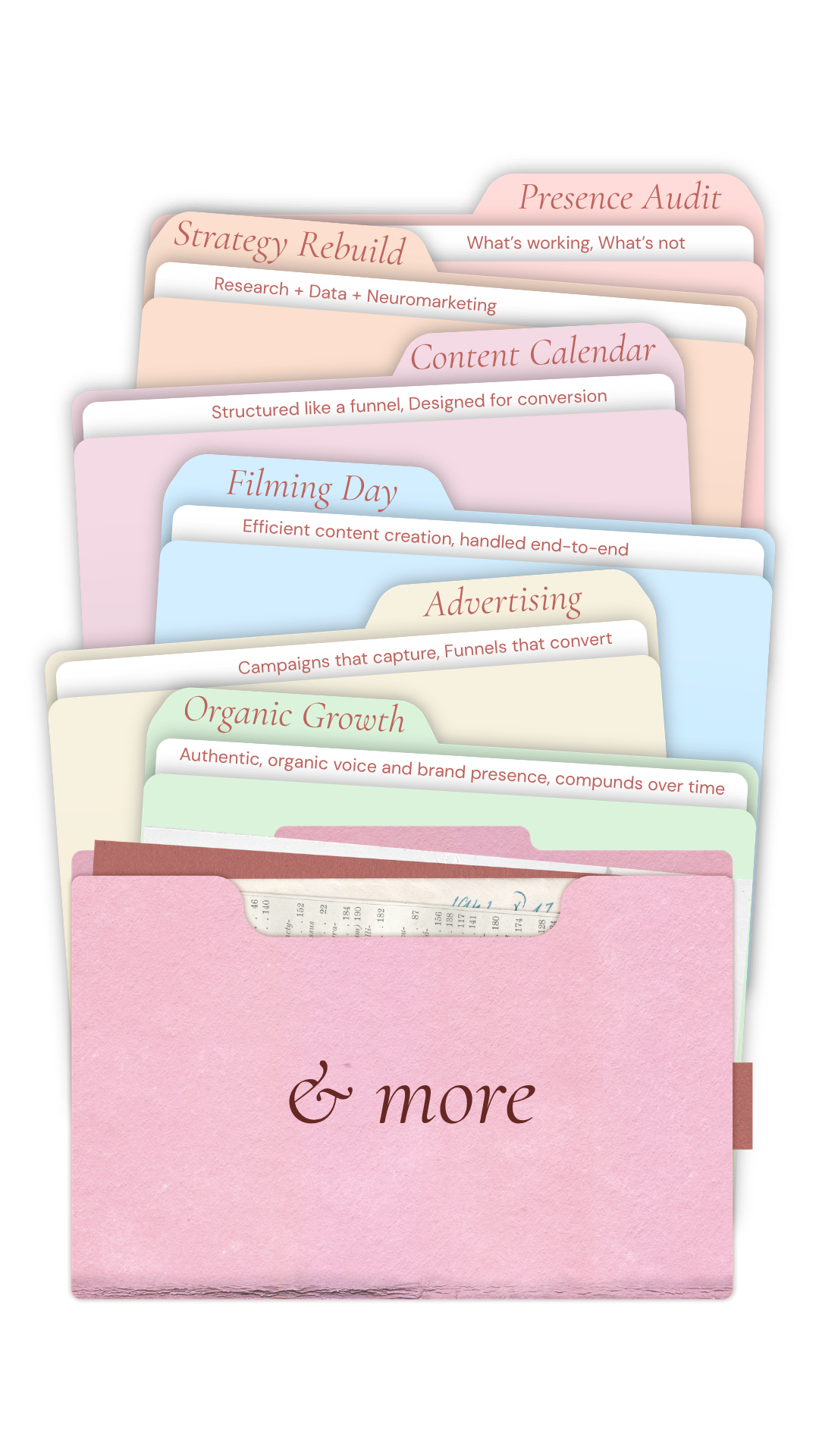Cascading folders of established business deliverables: presence audit, strategy rebuild, content calendar, filming day, advertising, organic growth, and more
